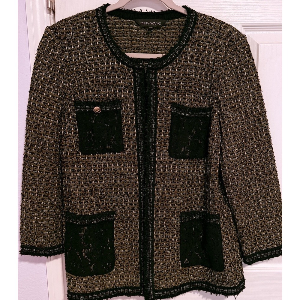 Ming Wang Tweed Knit Cardigan Jacket Sz L Green/Black Crochet Quiet Luxury